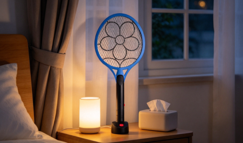 Blue electric mosquito racket on light table near balcony door with window plant curtain and storage basket, practical home mosquito prevention scene.