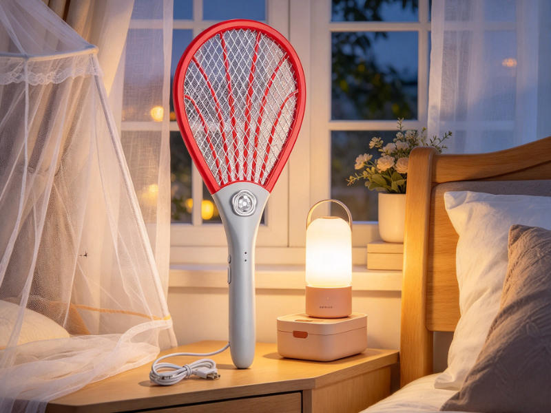 Red and gray rechargeable electric mosquito swatter placed beside bedside table near window curtain mosquito net USB cable night light and storage box in warm evening bedroom.