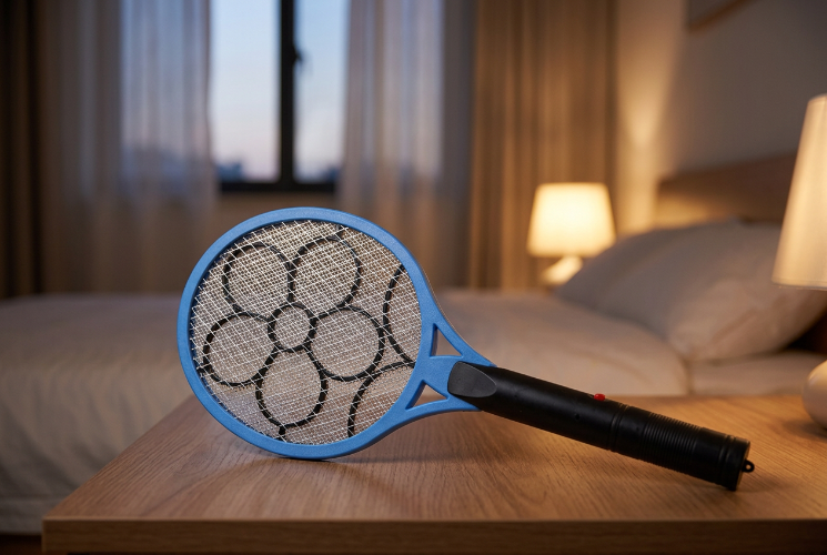 759478 Blue Rechargeable Electric Mosquito Swatter with a black handle resting on a wooden bedside table beside a bed and warm lamps at dusk.